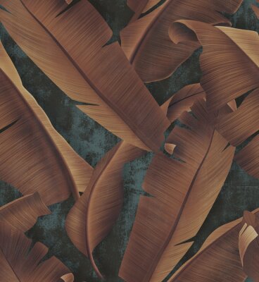 Papier peint à motif  Feuilles tropicales aux couleurs de l'automne sur fond de béton