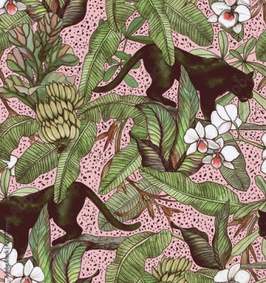 Papier peint à motif  Feuilles tropicales, bananes, panthère et orchidée. Modèle vintage sans soudure. Fonds d'écran avec des fleurs et des feuilles tropicales