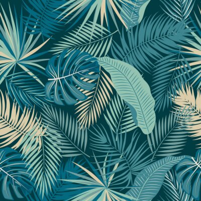 Papier peint à motif  Feuilles tropicales beiges et bleues