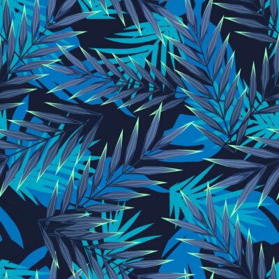 Papier peint à motif  Feuilles tropicales bleues