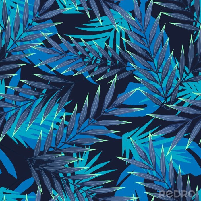 Papier peint à motif  Feuilles tropicales bleues
