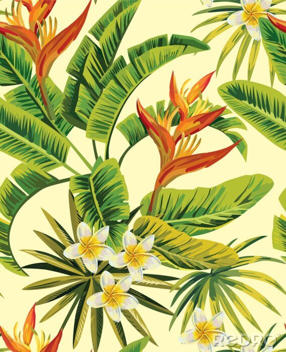 Papier peint à motif  Feuilles tropicales et fleurs exotiques