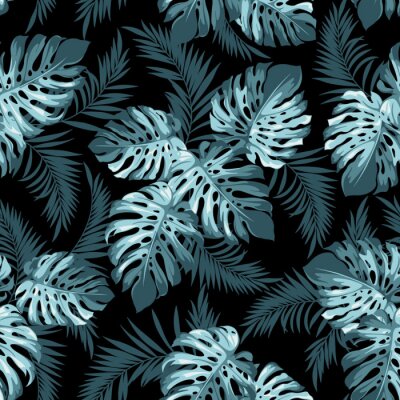 Papier peint à motif  Feuilles tropicales turquoise sur fond noir
