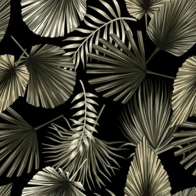 Papier peint à motif  Feuilles tropicales vert foncé sur fond noir