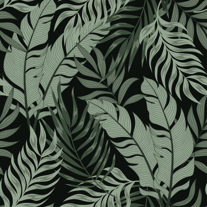 Papier peint à motif  Feuilles tropicales vertes sur fond noir