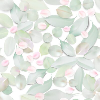 Papier peint à motif  Feuilles vert pastel et pétales d'une rose rose