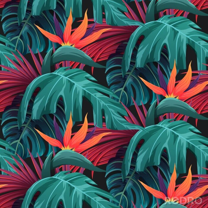 Papier peint à motif  Feuilles vertes et fleurs tropicales rouges