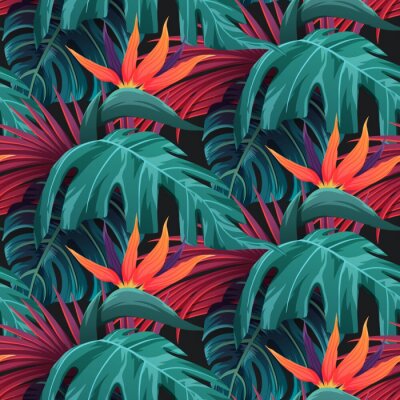 Papier peint à motif  Feuilles vertes et fleurs tropicales rouges