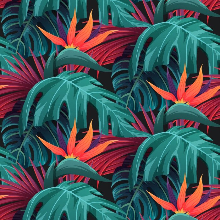 Papier peint à motif  Feuilles vertes et fleurs tropicales rouges