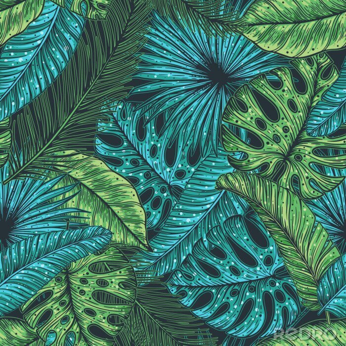 Papier peint à motif  Feuilles vertes et turquoises des tropiques