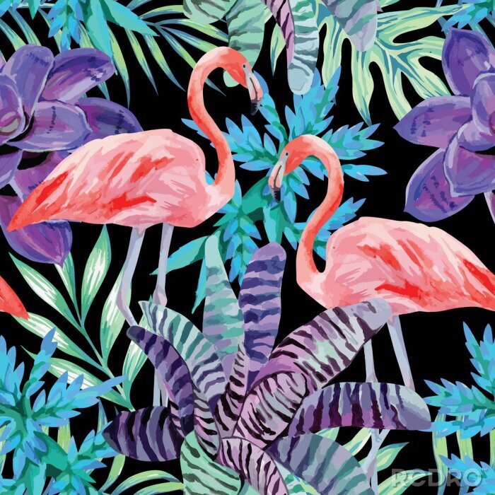 Papier peint à motif  flamant rose aquarelle et plantes exotiques motif