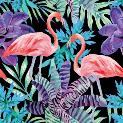Papier peint à motif  flamant rose aquarelle et plantes exotiques motif