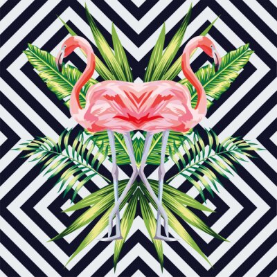 Papier peint à motif  Flamant rose avec feuilles de banane tropicales style miroir