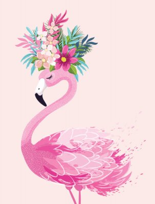 Flamant rose avec une couronne de fleurs