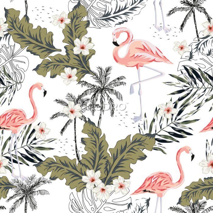 Papier peint à motif  Flamant rose tropical oiseaux, fleurs de plumeria, feuilles de palmier, arbres fond blanc. Modèle sans couture de vecteur. Illustration graphique Plantes de la jungle exotiques. Design floral de plage