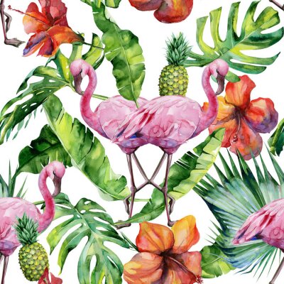 Papier peint à motif  Flamants colorés et fleurs tropicales