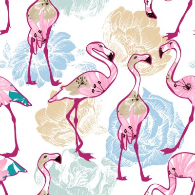 Papier peint à motif  Flamants et fleurs exotiques