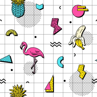 Papier peint à motif  Flamants graphiques ananas et bananes