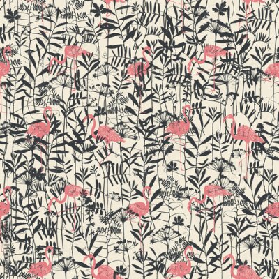 Papier peint à motif  Flamants roses cachés dans les buissons