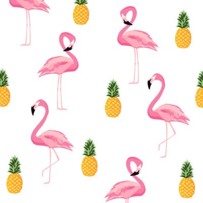 Papier peint à motif  Flamants roses et ananas jaunes