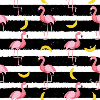 Papier peint à motif  Flamants roses et bananes sur un motif rayé