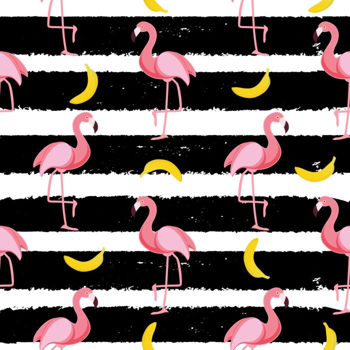 Papier peint à motif  Flamants roses et bananes sur un motif rayé