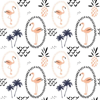 Papier peint à motif  Flamants roses et motifs palmiers