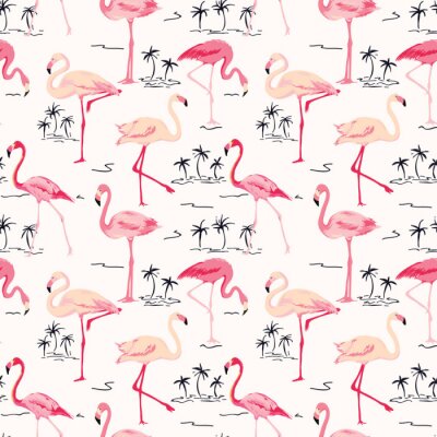 Papier peint à motif  Flamants roses et palmiers exotiques