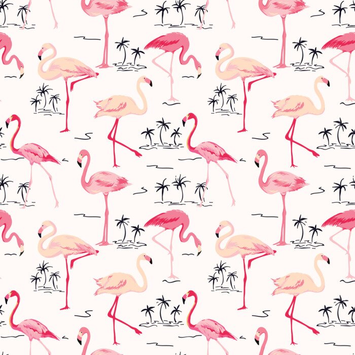 Papier peint à motif  Flamants roses et palmiers exotiques