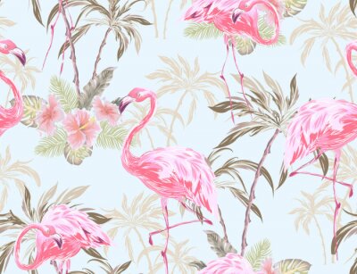 Papier peint à motif  Flamants roses pastel et plantes tropicales