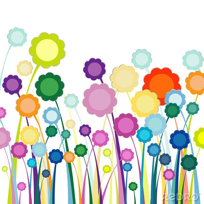 Papier peint à motif  Fleurs arc-en-ciel dans l'illustration minimaliste de la prairie