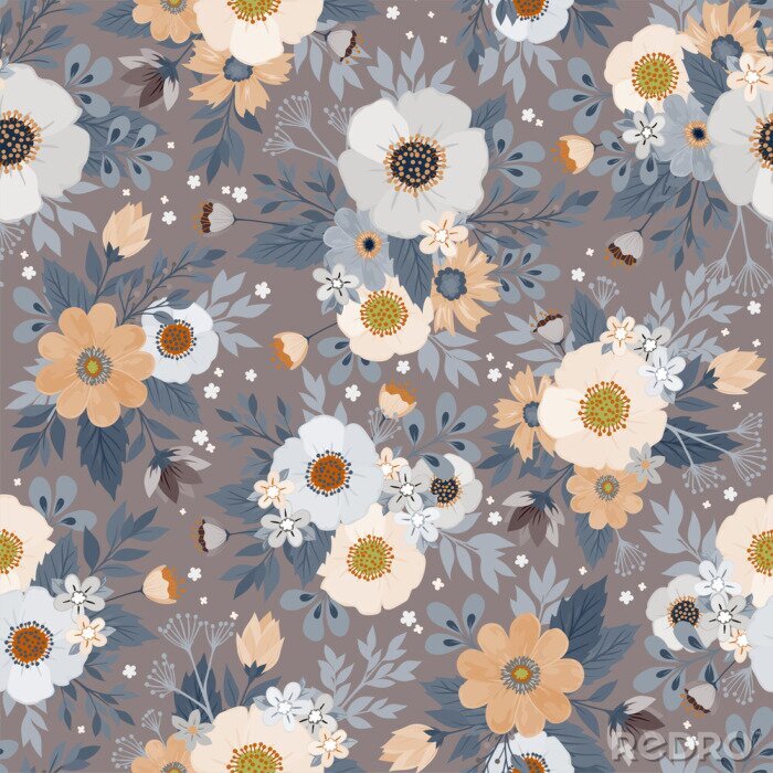Papier peint à motif  Fleurs blanches et beiges aux feuilles bleues
