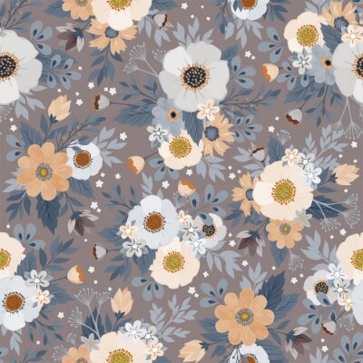 Papier peint à motif  Fleurs blanches et beiges aux feuilles bleues