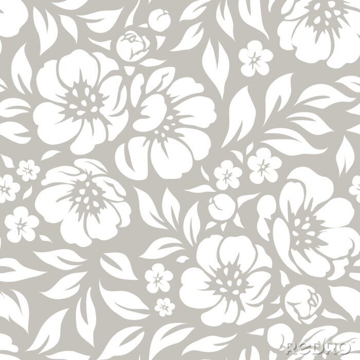 Papier peint à motif  Fleurs blanches et grises dans un style shabby chic