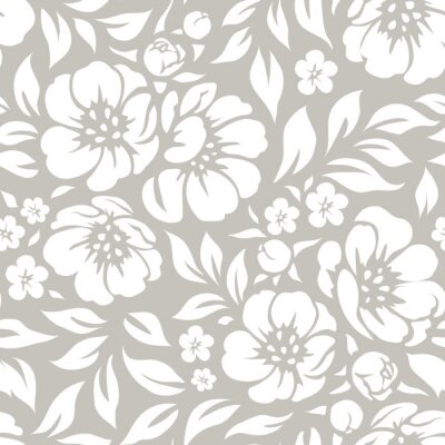 Papier peint à motif  Fleurs blanches et grises dans un style shabby chic