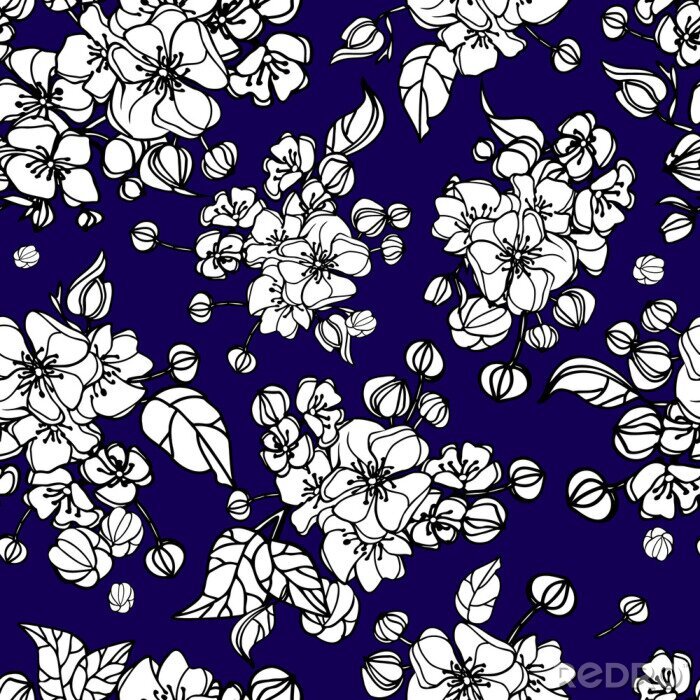 Papier peint à motif  Fleurs blanches sur fond bleu marine