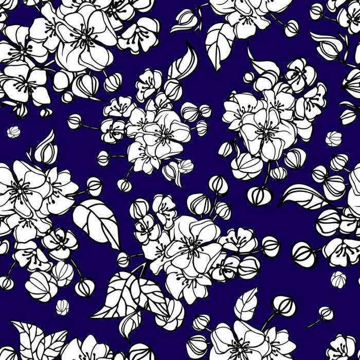 Papier peint à motif  Fleurs blanches sur fond bleu marine