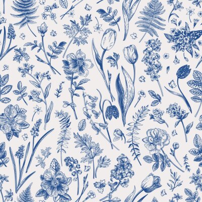 Papier peint à motif  Fleurs bleues dans un style vintage