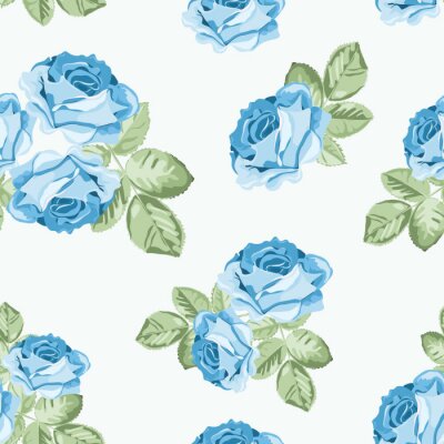 Papier peint à motif  Fleurs bleues shabby chic avec des feuilles
