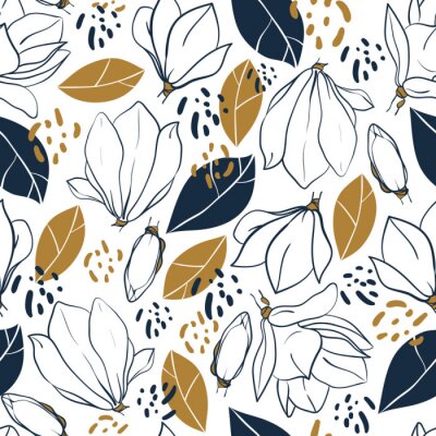 Papier peint à motif  Fleurs, bourgeons, feuilles et taches de jungle. Vector tendance à la mode en couleurs profondes et bleues et moutarde.