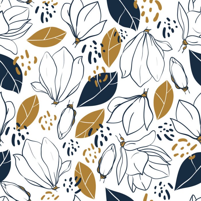 Papier peint à motif  Fleurs, bourgeons, feuilles et taches de jungle. Vector tendance à la mode en couleurs profondes et bleues et moutarde.
