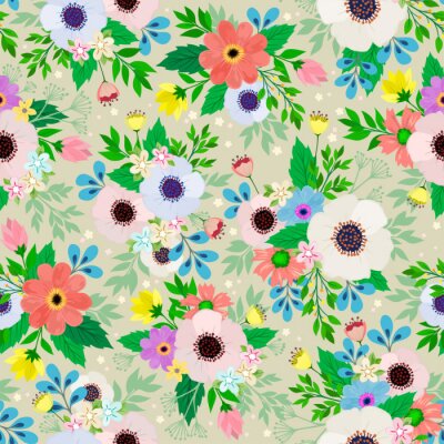 Papier peint à motif  Fleurs colorées et feuilles vertes dans un style shabby chic