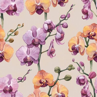Papier peint à motif  Fleurs d'orchidées violettes et oranges
