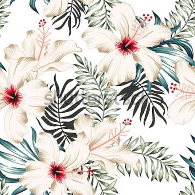 Papier peint à motif  Fleurs d'hibiscus tropicales et feuilles de palmier