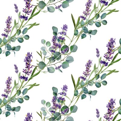 Papier peint à motif  Fleurs de lavande et rameaux verts d'eucalyptus