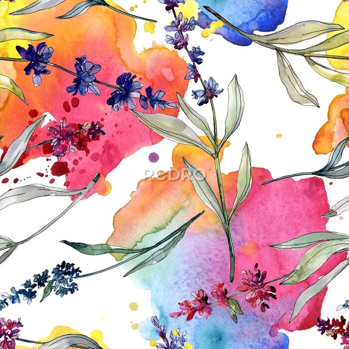 Papier peint à motif  Fleurs de lavande sur un fond aquarelle