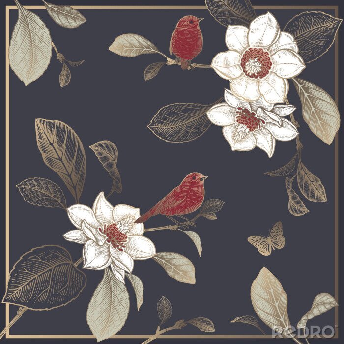 Papier peint à motif  Fleurs de magnolia accompagnées d'oiseaux