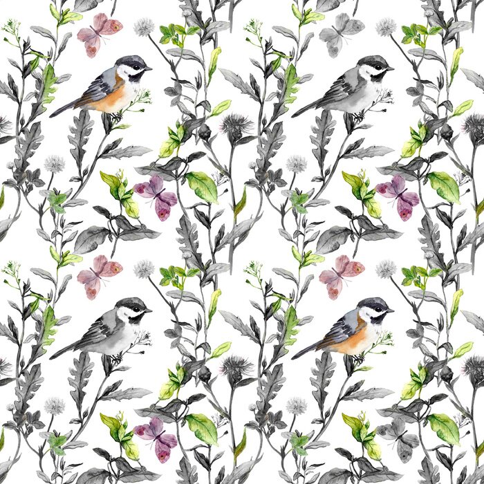 Papier peint à motif  Fleurs de prairie, oiseaux. Motif floral répétitif - couleurs monochromes. Aquarelle