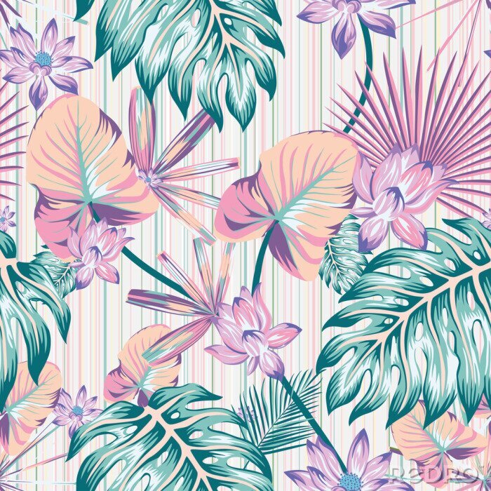 Papier peint à motif  Fleurs délicates pastel et feuilles tropicales