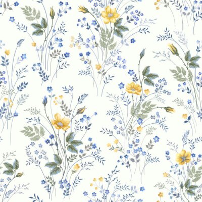 Papier peint à motif  Fleurs des champs jaunes et bleues